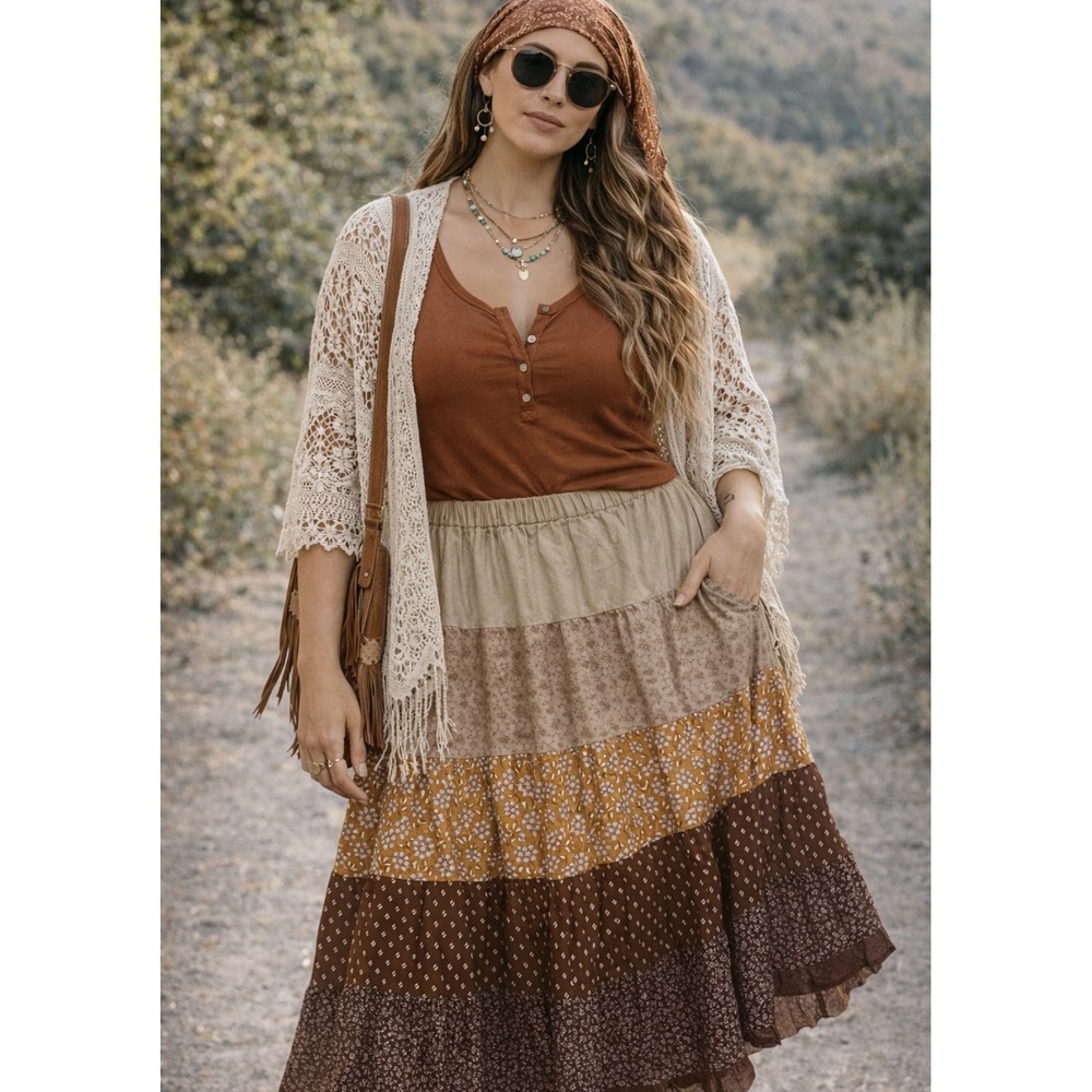 Small Boho Tiered Maxi‎ Skirt Floral Print Earth Tones Elastic Waist Flowy.   F